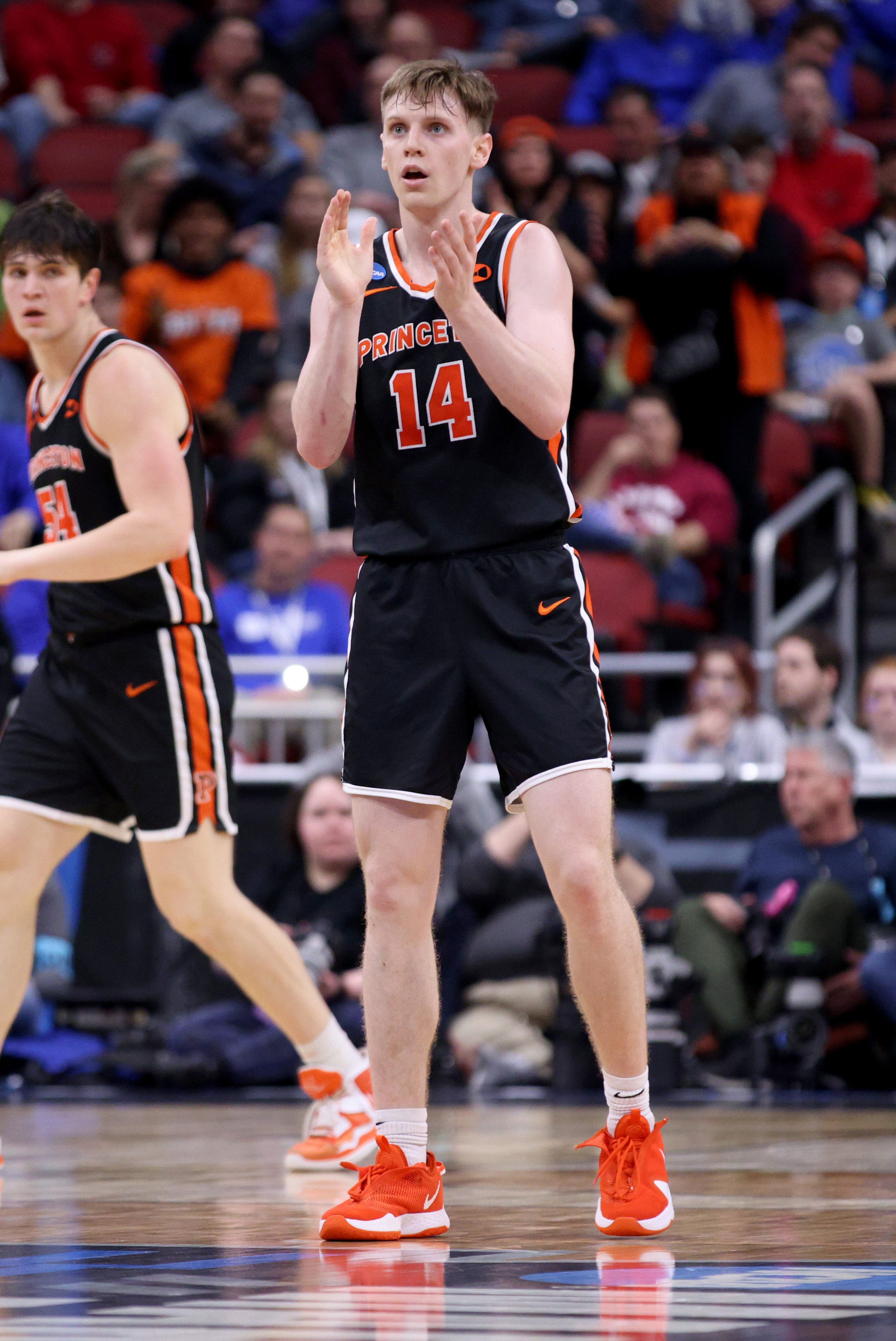 Mar 24, 2023; Louisville, KY, USA; Princeton Tigers guard Matt Allocco (14) reacts after a play during the first half of the NCAA tournament round of sixteen against the Creighton Bluejays at KFC YUM! Center. Mandatory Credit: Jordan Prather-USA TODAY Sports