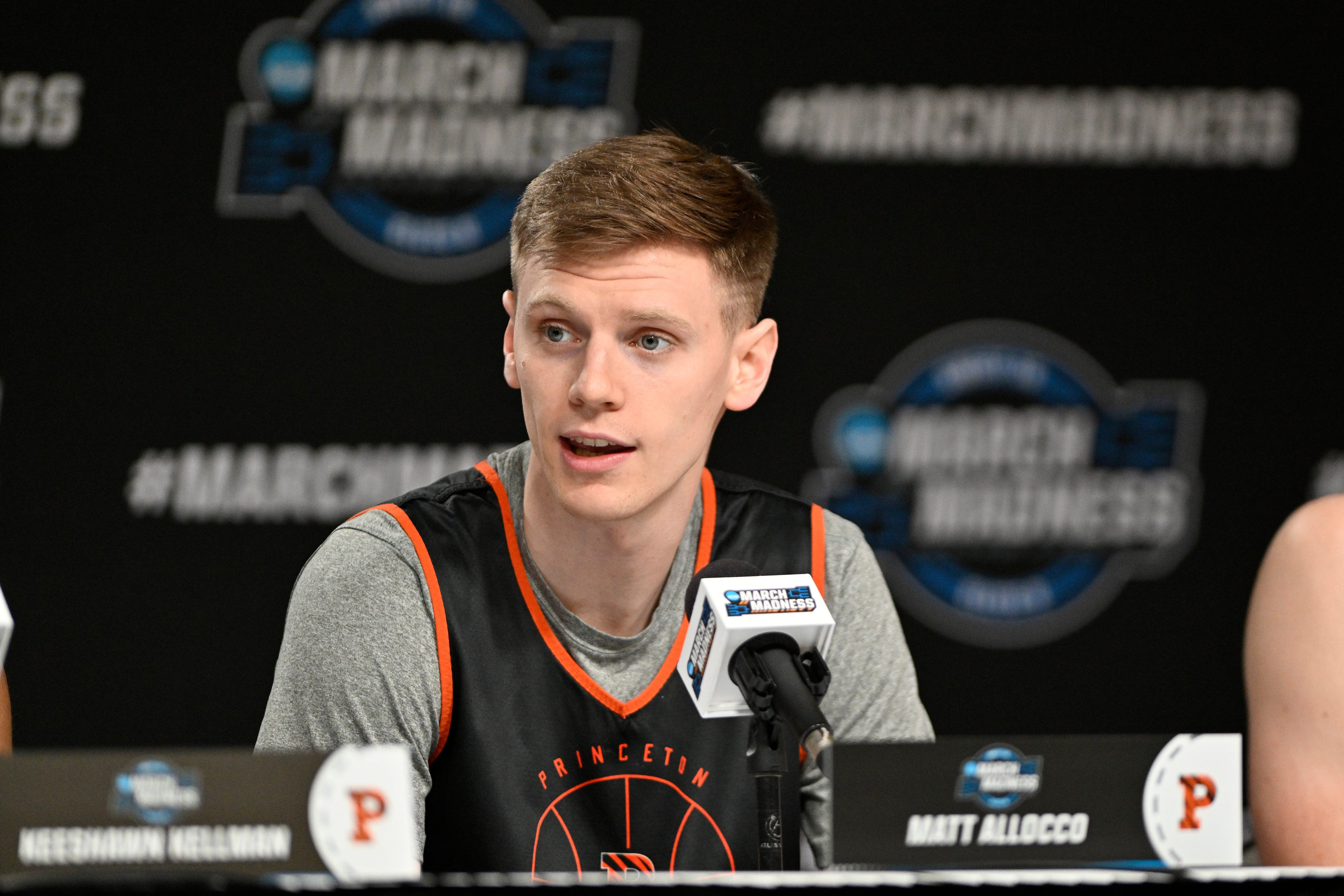 Mar 23, 2023; Louisville, KY, USA; Princeton Tigers guard Matt Allocco (14) answers a question during a press conference for their NCAA Tournament South Region game at KFC YUM! Center. Mandatory Credit: Jamie Rhodes-USA TODAY Sports