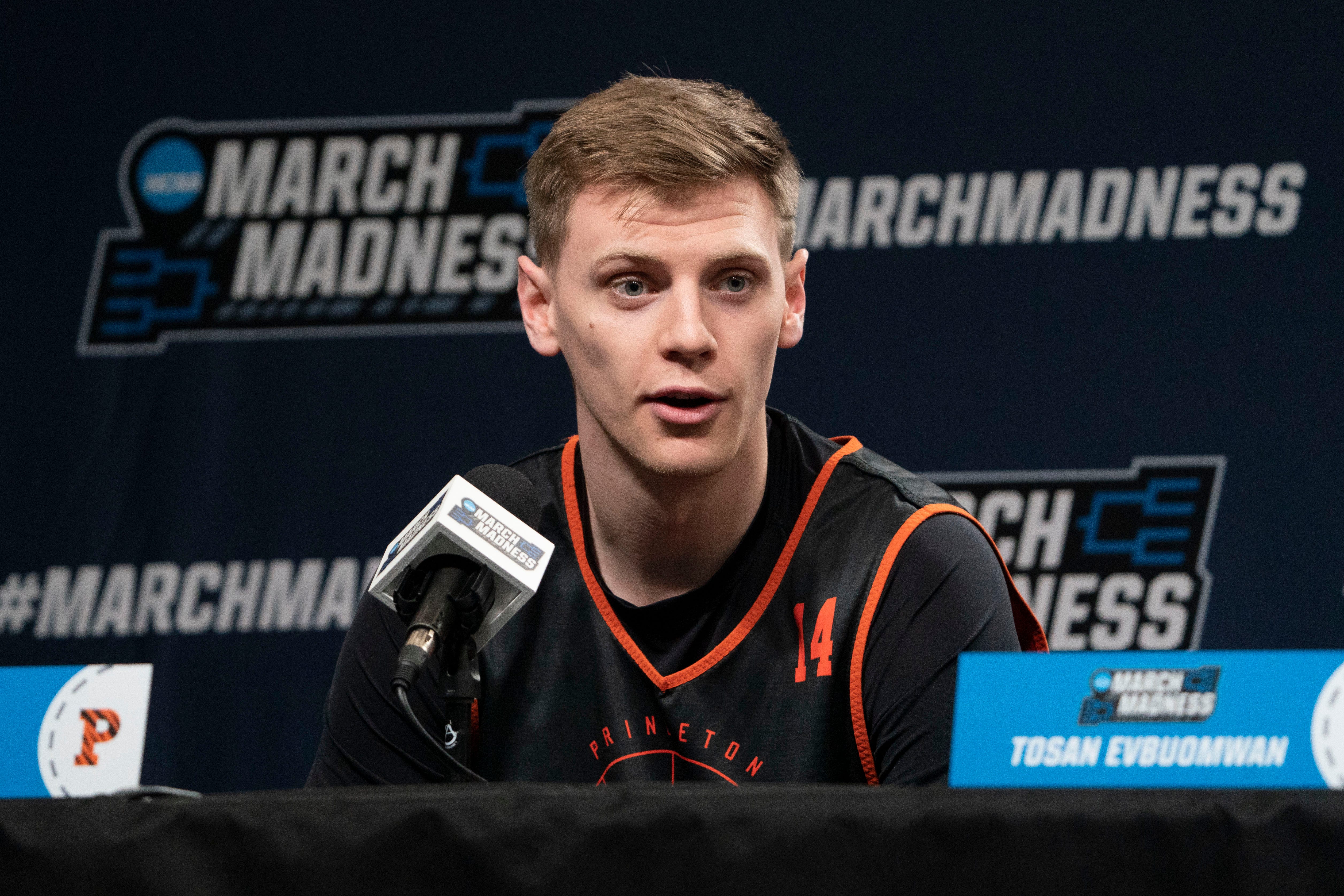 Mar 15, 2023; Sacramento, CA, USA; Princeton Tigers guard Matt Allocco (14) addresses the media in a press conference during practice day at Golden 1 Center. Mandatory Credit: Kyle Terada-USA TODAY Sports